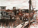 View from Cinco Esquinas Bridge, drawing 19"X 26", charcoal and pastel on paper